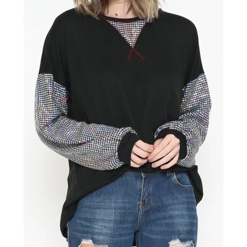 Now n Forever BLACK SWEATER BLOUSE WITH SILVER SEQUIN SLEEVES